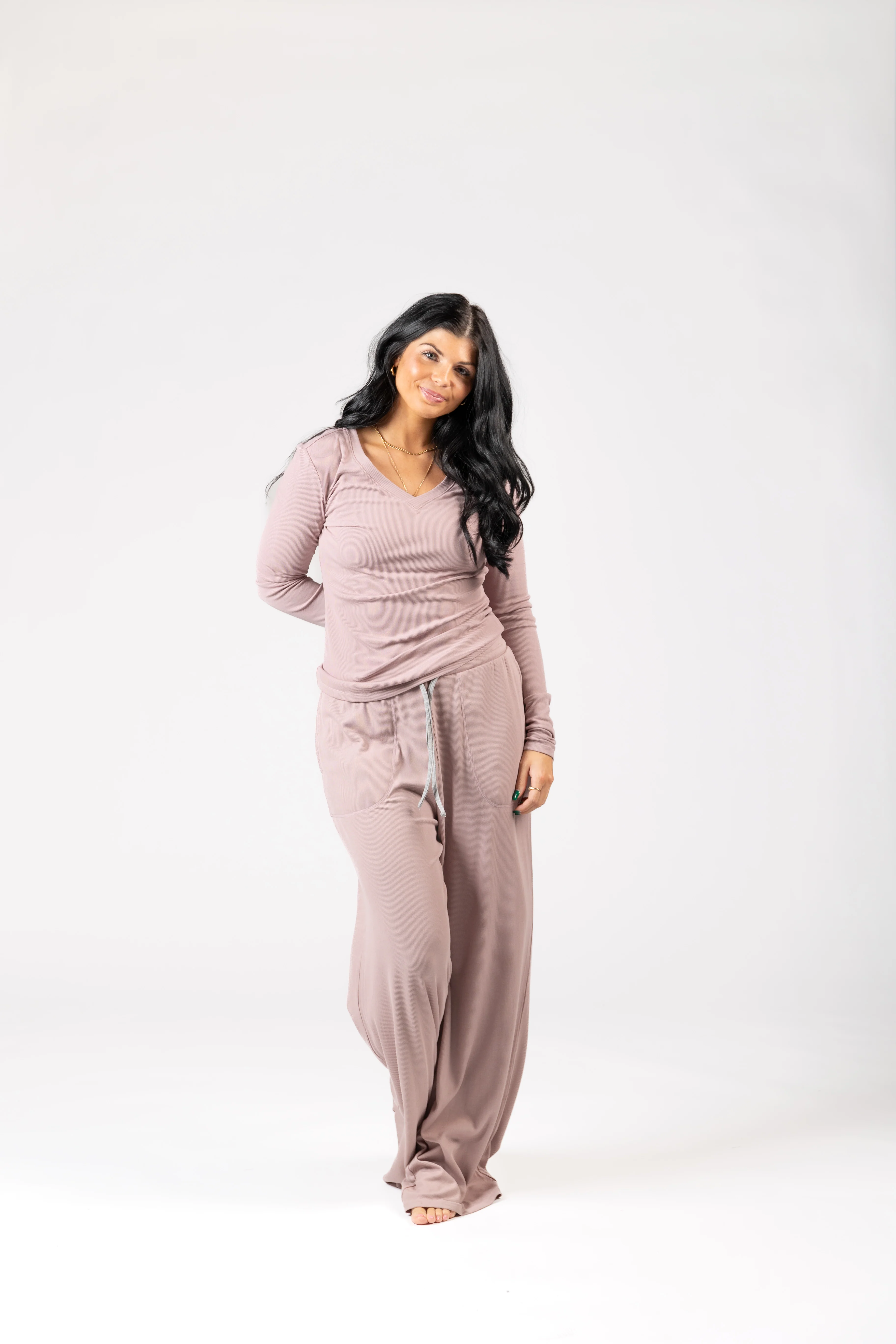 Soft Lounge Rib V Neck Long Sleeve - Image 5